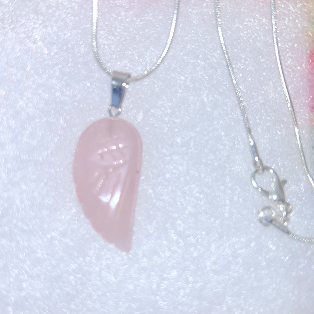 Boho hippie Rose Quartz Crystal Angel Wing Sterling Silver Necklace 18”